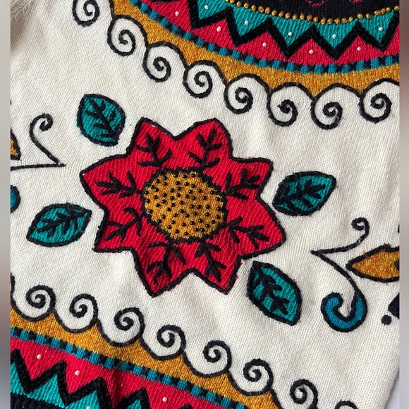 Vintage 100% Wool Fair Isle Floral Beaded Sweater Jumper Gitane Bright M 80’s - Picture 5 of 5